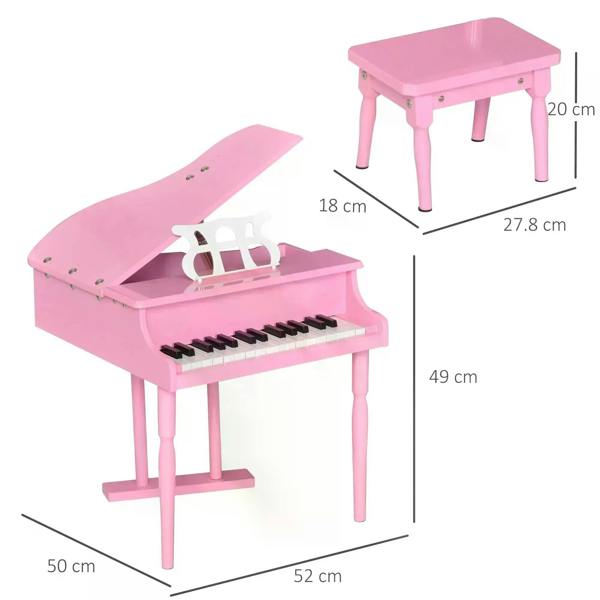 Pink mini kids piano with bench, shown from side angle