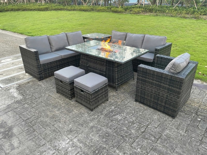 Fimous Outdoor Rattan Garden Furniture Gas Fire Pit Dining Table Gas Heater Sets Lounge Chairs Small Footstools Dark Mixed Grey 9 Seater