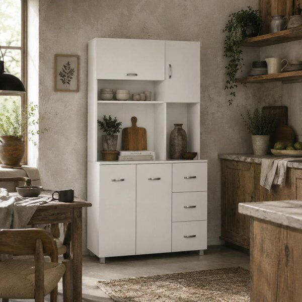 Wyld Haus Vivivi Hapa Wooden White Tall Kitchen Sideboard With Drawers Flip Door Cupboards And OFauxn Shelves