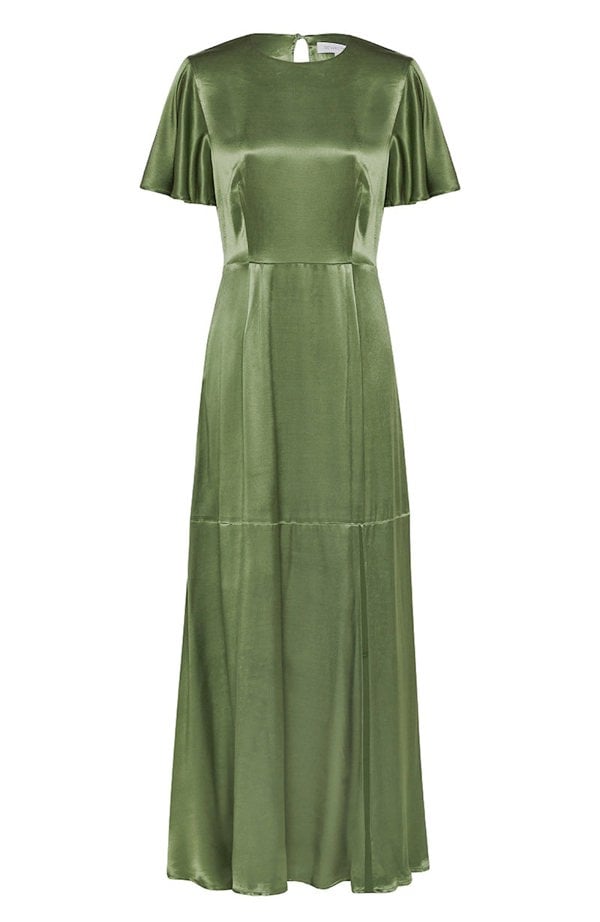 Rewritten London Sienna Dress in Olive Viscose Satin