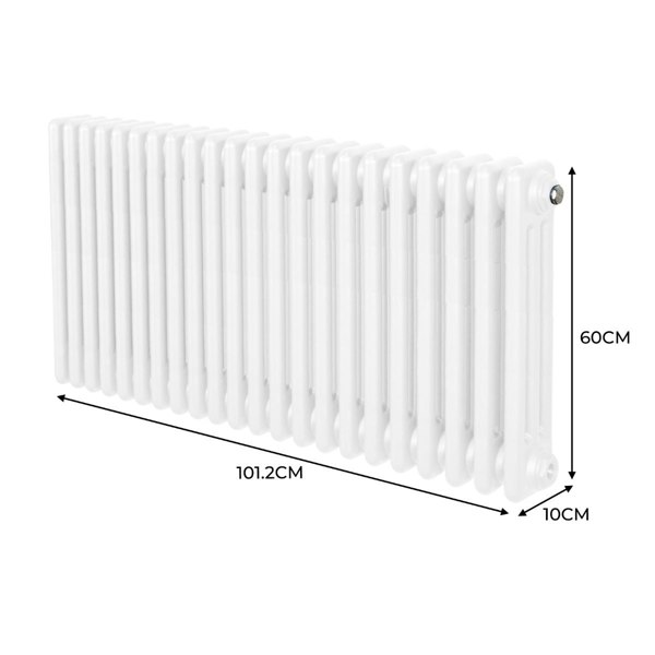 Traditional white 3 column radiator measuring 600mm high and 1012mm wide, featuring a smooth, glossy finish and classic design