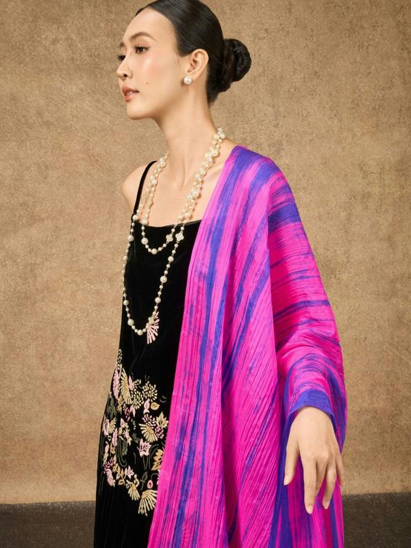 Fuchsia & Blue Brushstroke Silk Scarf – Hand-Dyed Mulberry Silk, Statement & Party Wrap