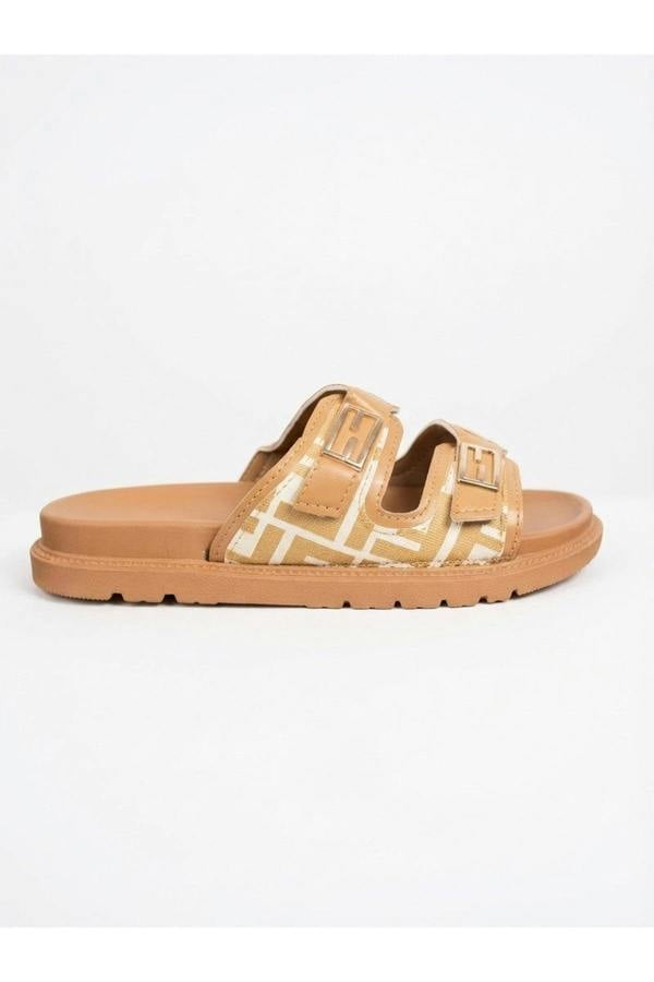 Willow Patterned Buckle Sandals - Khaki