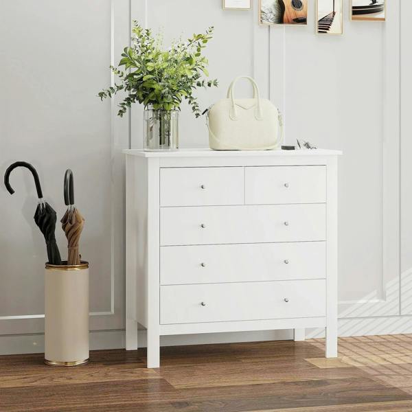 White 5-drawer dresser with round knobs and clean-lined frame, entryway storage chest