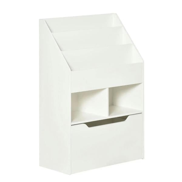 White kids bookshelf with open shelves and pull-out storage drawer, tall storage unit
