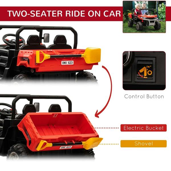 Red ride-on car with electric bucket attachment, steering wheel and control button