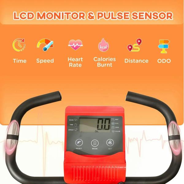 Exercise bike LCD monitor and pulse sensor grips on black handlebars with wine red console