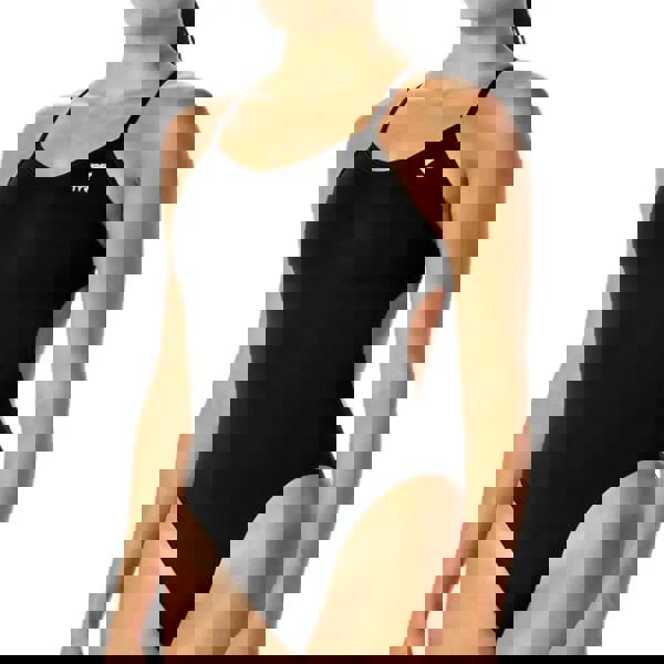 Black TYR Solid Durafast Elite Cutoutfit swimsuit with white logo