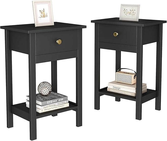 Set of 2 Solid Wooden Bedside Tables with large Open Shelf and Drawer – Arlo by MCC