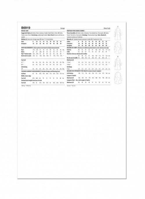 Butterick Sewing Pattern 6919, Coats for Women, B5 (8-10-12-14-16) - Intermediate