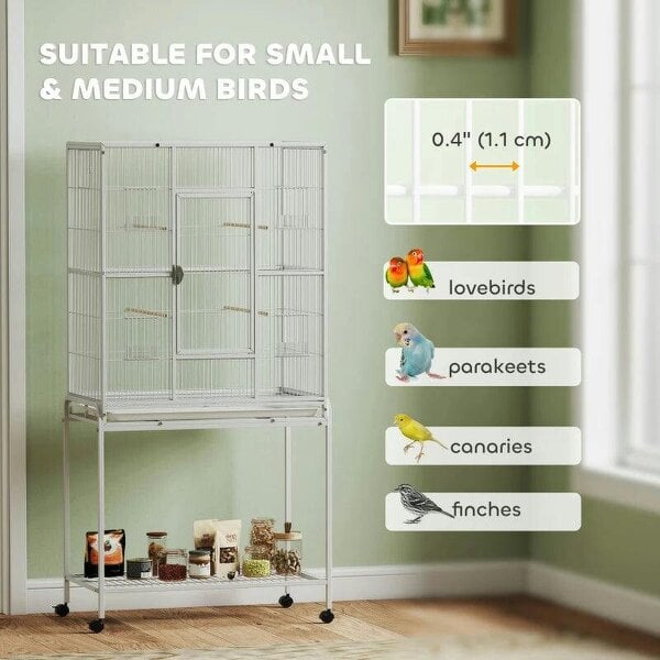Large Bird Cage Budgie Cage with Stand, Storage Shelf, Wood Perch for Parrot, 81 x 48 x 162.5 cm, White