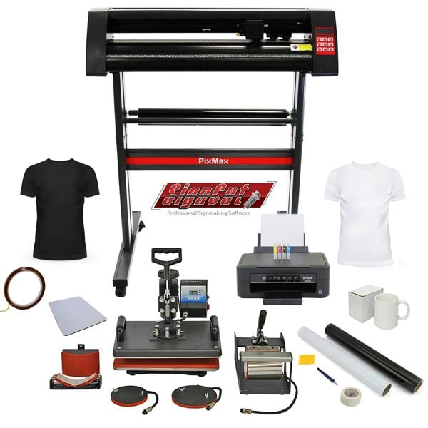 PixMax Da Vinci Bundle includes a heat press, vinyl cutter, printer, and accessories for custom apparel and signage creation