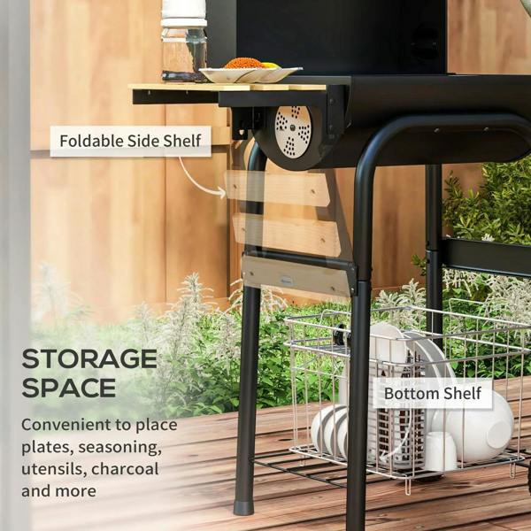 Black charcoal BBQ grill with foldable side shelf and wire bottom shelf