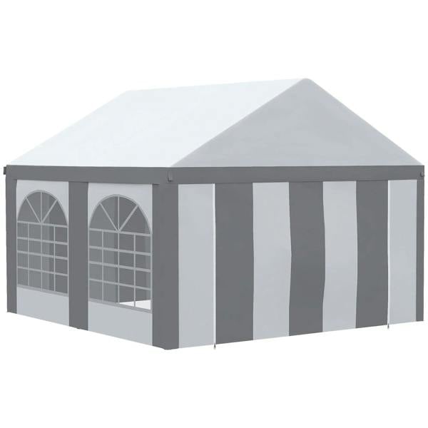Light grey gazebo with striped side panels and clear window panels, closed walls