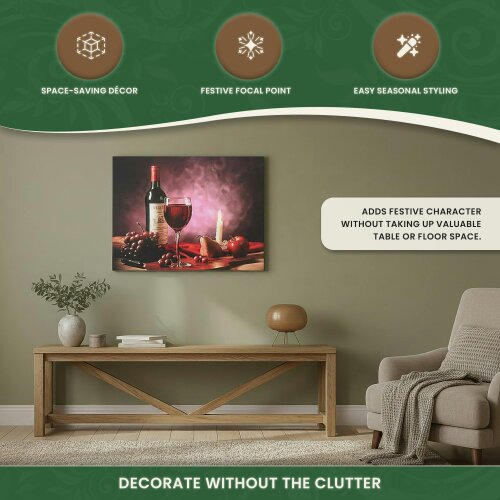 Red Wine, Grapes & Candle Christmas Canvas Print with LED Flickering Lights, 40 x 30cm, Wooden Frame, Battery Powered