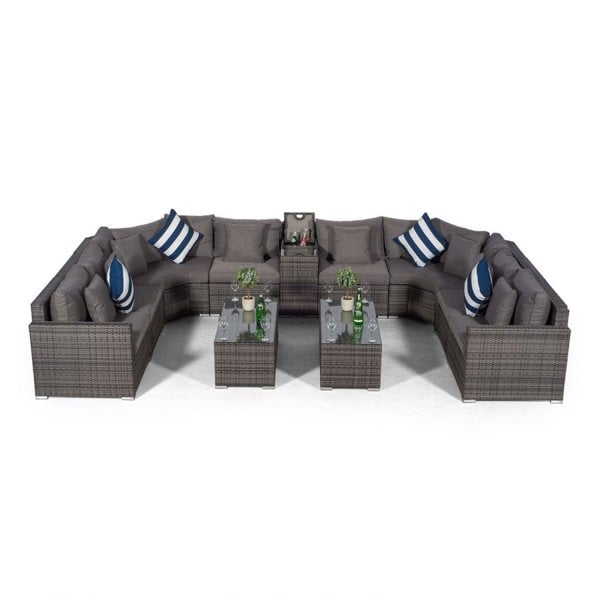 Giardino Santorini U Shape Modular 8 Seat Rattan Sofa Set With Armrest Drinks Cooler & 2 Coffee Tables