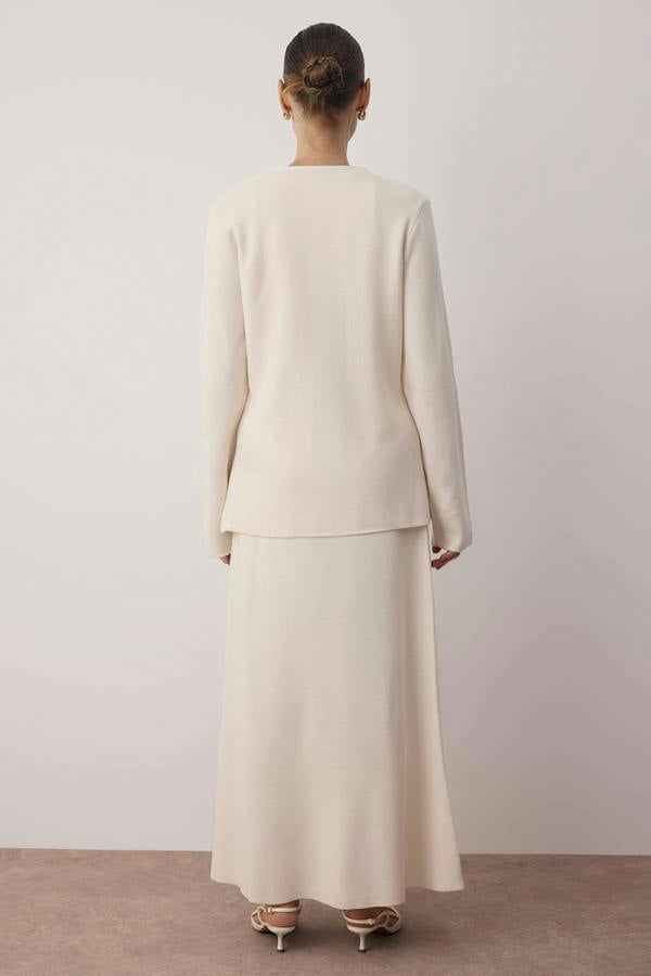 2-Piece Gold Button Detail V Neck Knitted Cardigan and Skirt Co-ord