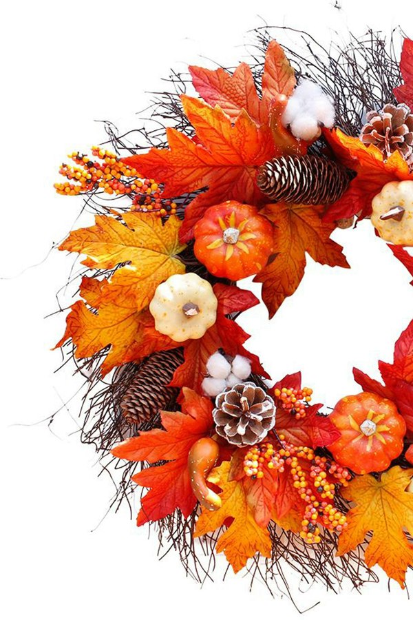 Living and Home 55cm Artificial Fall Wreath for Front Door Rustic Autumn Wreath with Light, Pumpkin, Cotton, Pine Cone,Maple Leaf