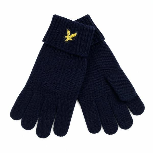 Dark navy Lyle & Scott merino wool blend gloves featuring a ribbed cuff and signature yellow eagle logo.