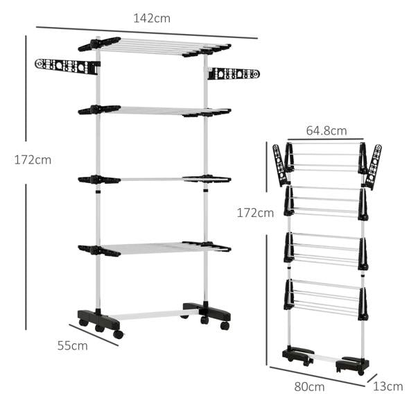 Black four-tier clothes drying rack with dimensions shown and side wings