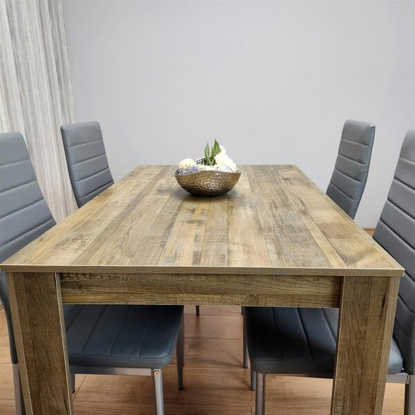 Kosy Koala Dining Table and 4 Chairs Rustic Effect Wood Table 4 Grey Leather Chairs Dining Room