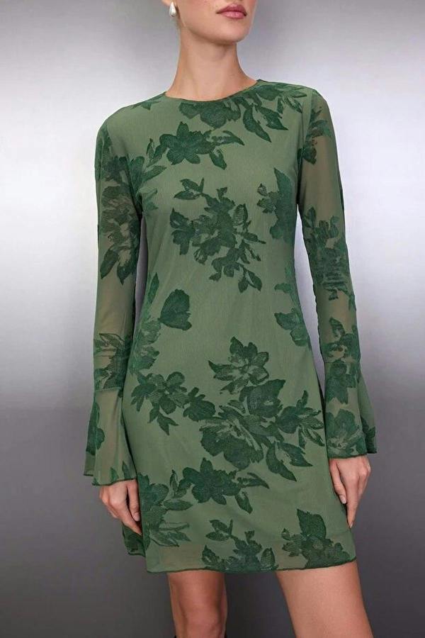 WOVCOR Flock Printed Lined Mini Dress with Tulle Flare Sleeves