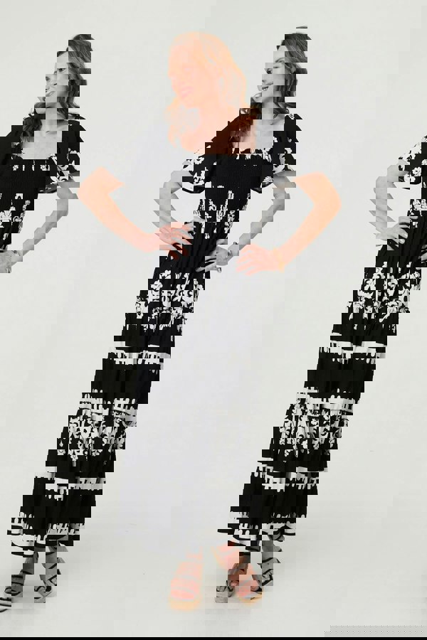 Black | Ikat Print Short Angel Sleeve Maxi Dress
