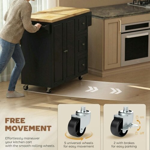 Wyld Haus Rolelo Wooden Black Rolling Kitchen Island With Drop Leaf Drawer Towel And Spice Racks