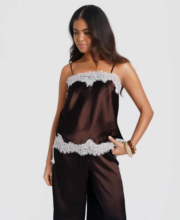 Needs No Label Brown Satin Lace Mix Cami Top