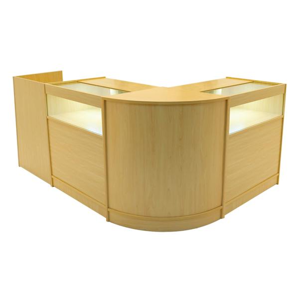Luna LED Shop Counter Set in maple finish, featuring a modern curved design with illuminated display areas for products