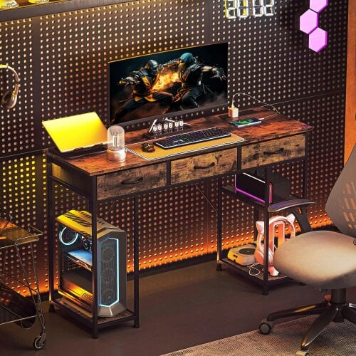Wyld Haus Hariva 120cm Wooden Rustic Brown Home Office Desk With Power Sockets 3 Fabric Drawers And 4 Storage Shelves