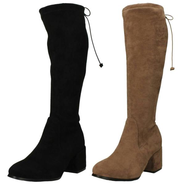 Spot On Ladies Spot On Mid Block Heel High Leg Boot with Back Tie and Inside Zip F51246