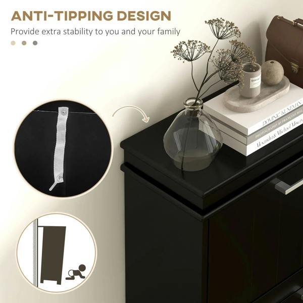 Black anti-tipping shoe cabinet with stabilizing bracket detail