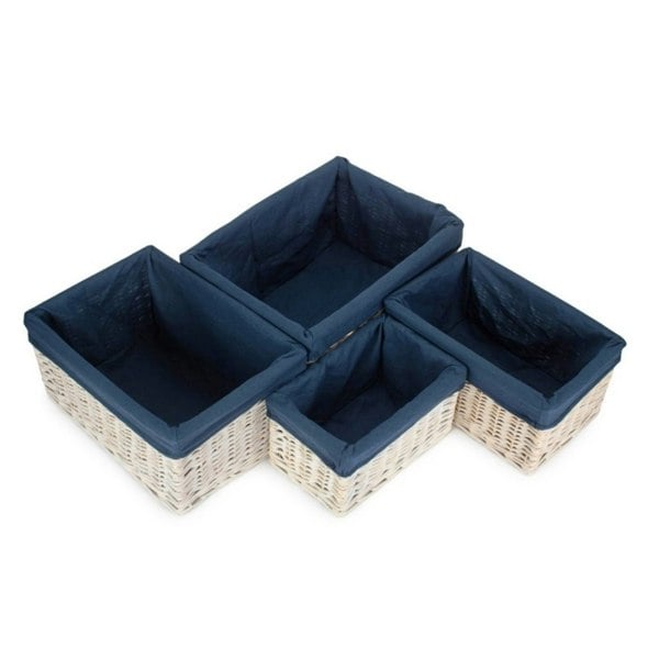 White Wash Navy Lined Open Storage Basket Small