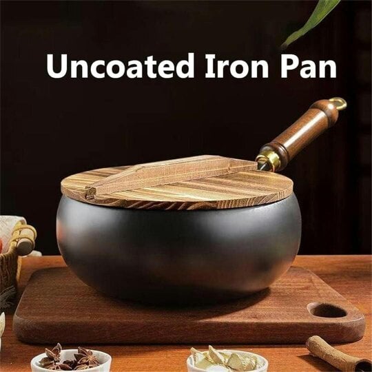 Havendro Uncoated Cast Iron Pot Wok Wooden Lid Handle Anti-Splatter Pan Soup Stock Pots