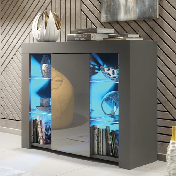 Mex Furniture Sophisticated 97.5cm TV Stand Sideboard – Grey Gloss Door with Free LED
