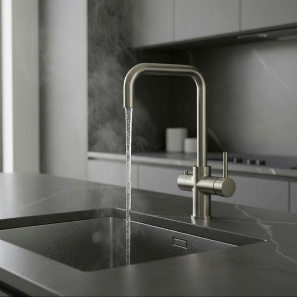 Brushed steel boiling water tap in a modern high end kitchen 