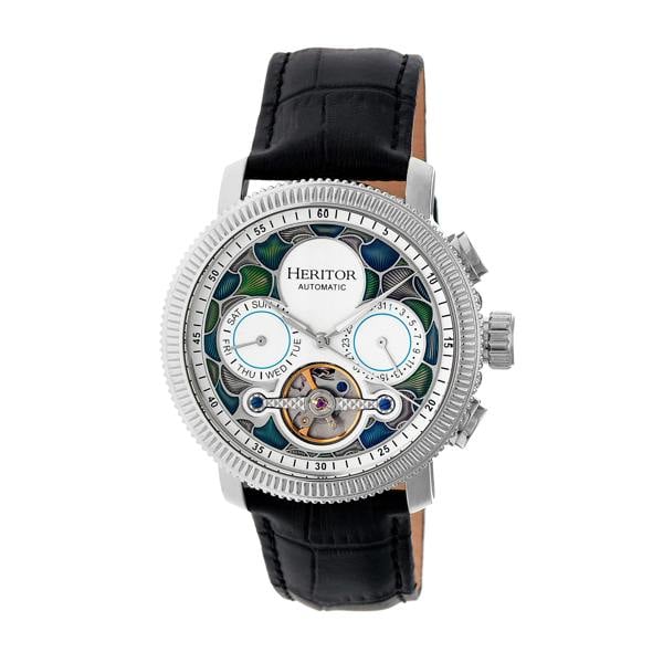 Heritor Automatic Aura Men's Semi-Skeleton Leather-Band Watch - Silver/White - HERHR3504