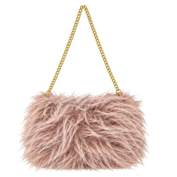 Love EMVY Ladies Fluffy Faux Fur Crossbody Shoulder Bag with Gold Chain Strap - Pink