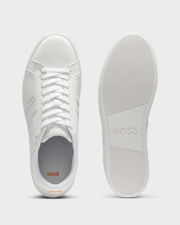 Pair of BOSS Orange Rhys Mens Logo-Trimmed Trainers in Faux Nappa Leather in White 100 - Sole and top