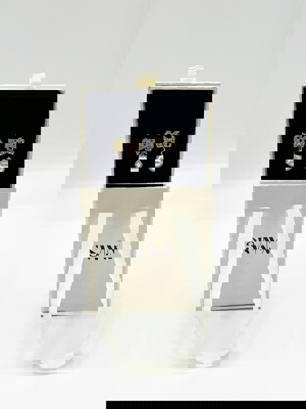 SVNX Diamante Bow Pearl Drop Earrings - Gift Boxed