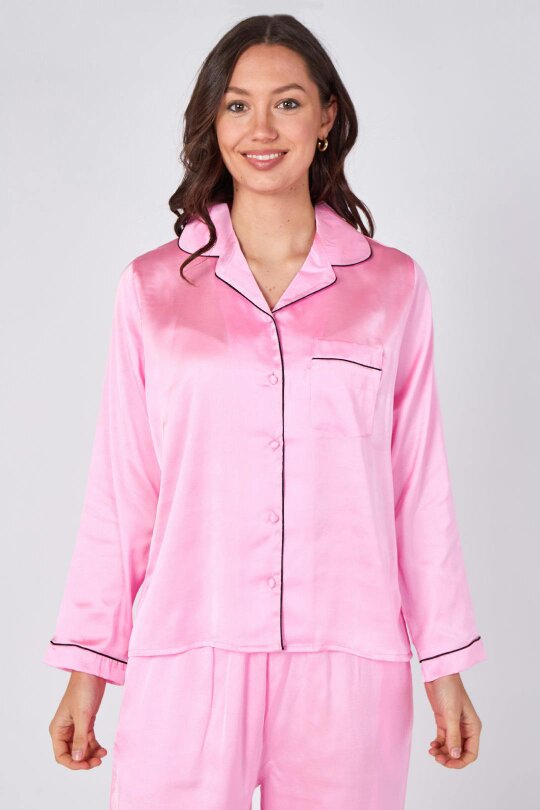 Elaina Fashion Women's Pink Satin Pyjama Sleepwear Set with pockets- Long Sleeves Soft