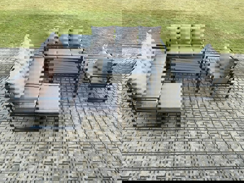Fimous Aluminium 8 Seater Garden Furniture Outdoor Patio Sofa Set with Rectangular Coffee Table Armchair Big Footstool Side Table Dark Grey
