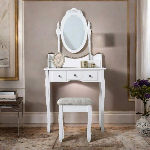 Rafaelo Mobilia 5 Drawer White Dressing Table With Round Mirror And Stool