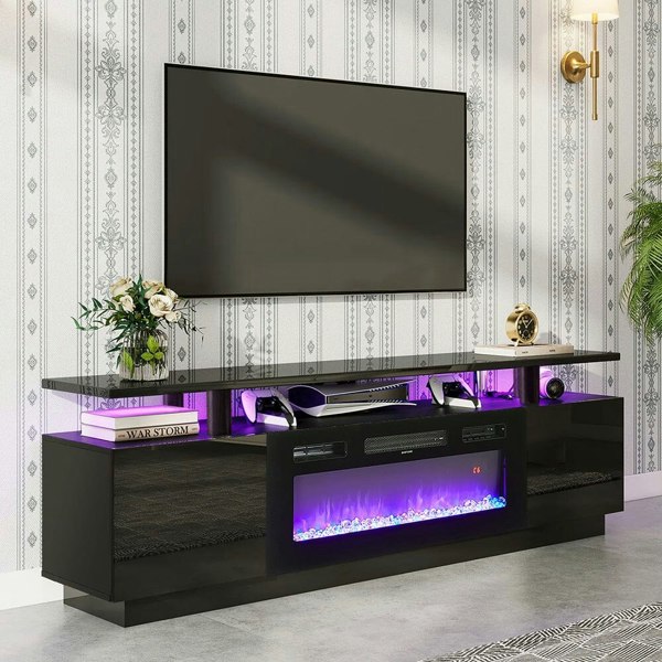 Modern Electric Fireplace TV Stand with Adjustable Flames and Stylish Storage Living and Home Black Fireplace TV Stand