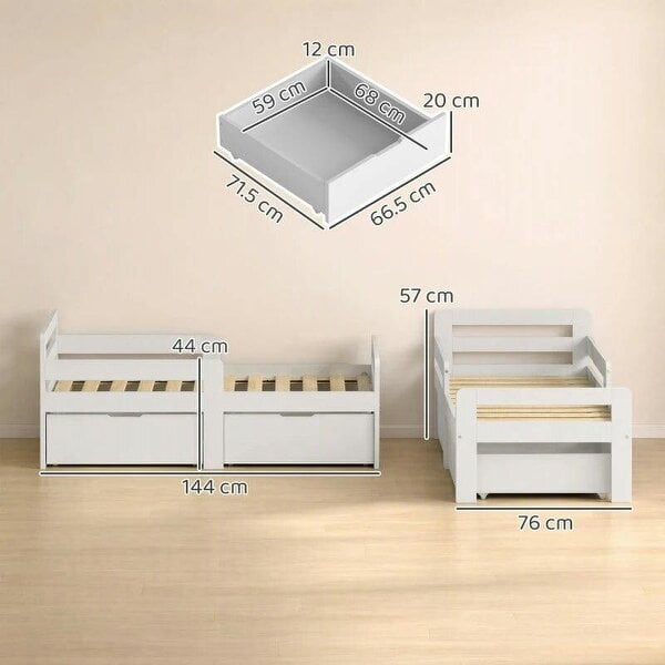 Wooden Kids Bed Frame with 2 Storage Drawers and Guard Rails for Ages 4-14, 144 x 76 x 57 cm (No Mattress), Grey