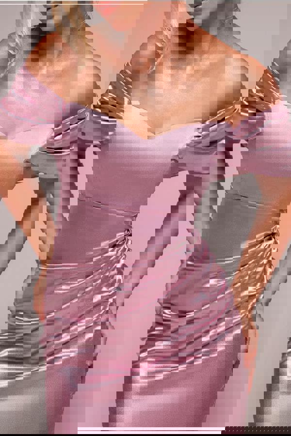 Off Shoulder Satin Maxi With V Neck - Rosepink DR3923