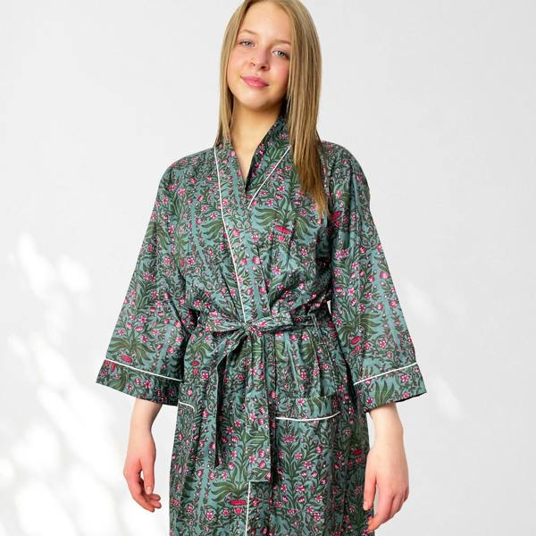 Hayley & Co Grey and Pink Flower Print 100% Cotton Dressing Gown