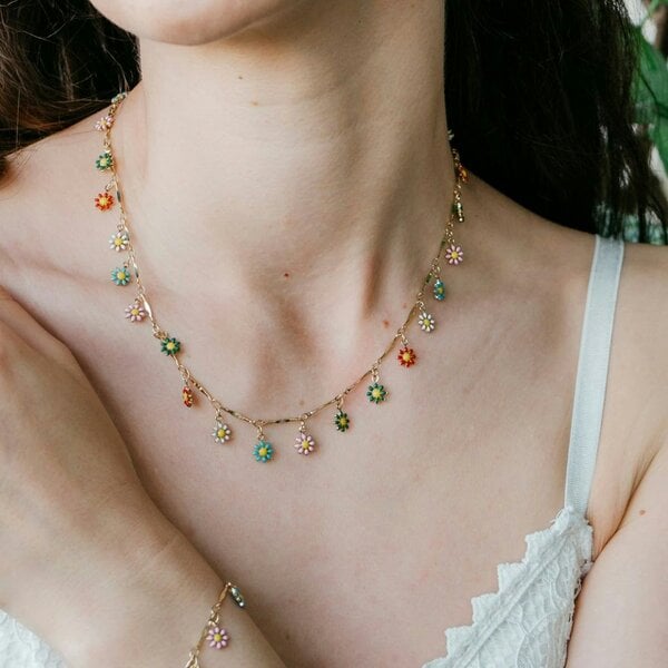 The Colourful Aura Colourful Rainbow Flower  Indie Boho Daisy Charms Dangle Choker Summer Necklace