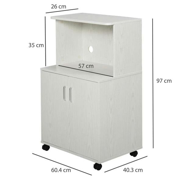 White storage cabinet cart with open top shelf and double doors, shown with size markings
